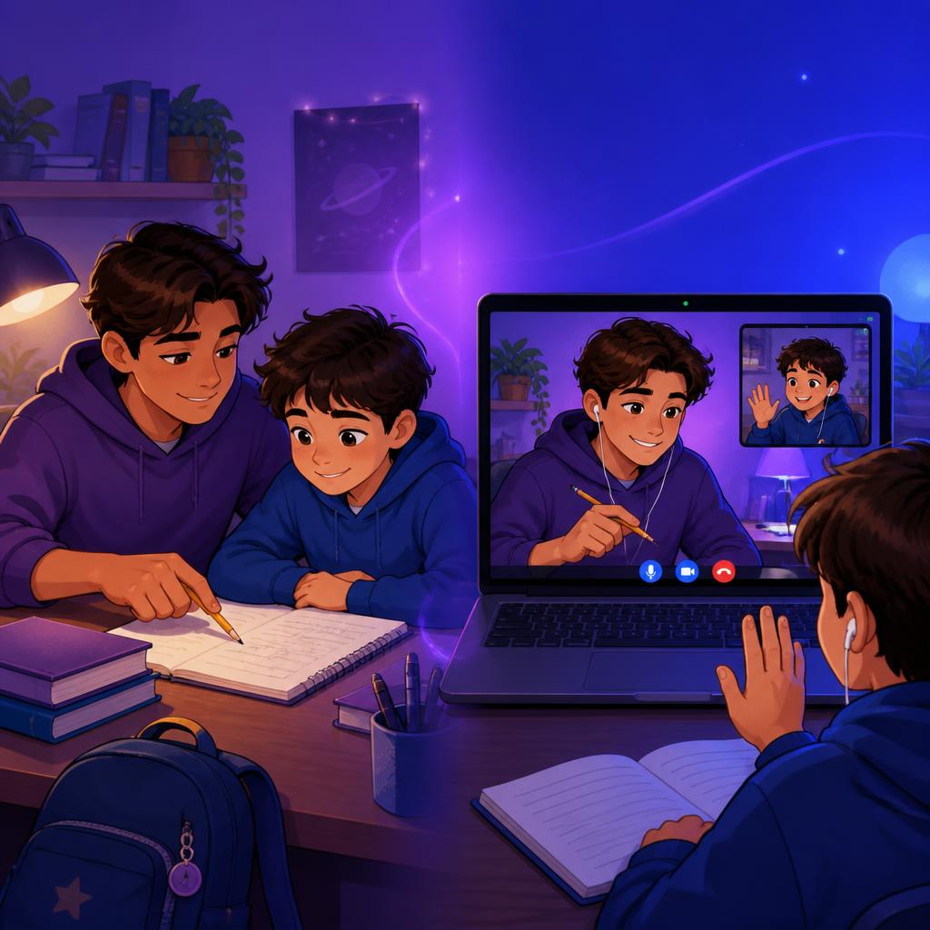 Teen tutor helping a younger student in person and online — peer tutoring duality